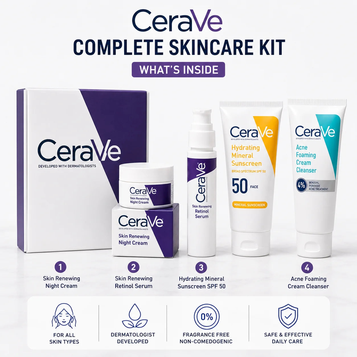 CeraVe Skincare Bundle Pakistan | Original Night Cream, Retinol Serum, SPF 50 & Acne Cleanser