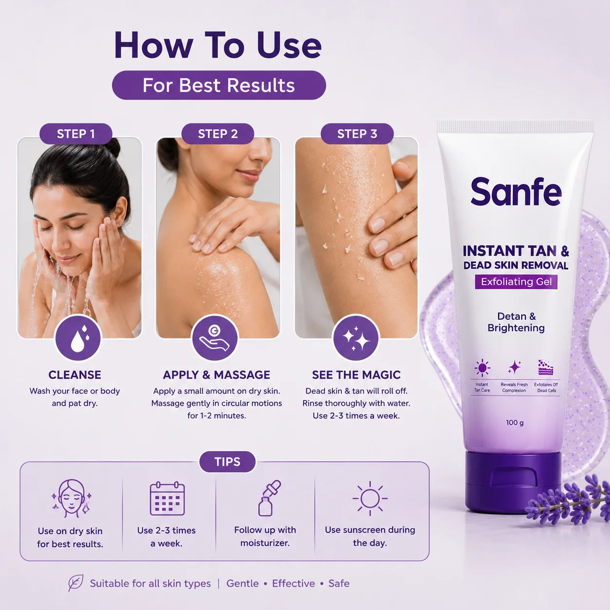 Sanfe Instant Tan & Dead Skin Removal Gel Pakistan | Exfoliating Gel for Face & Body