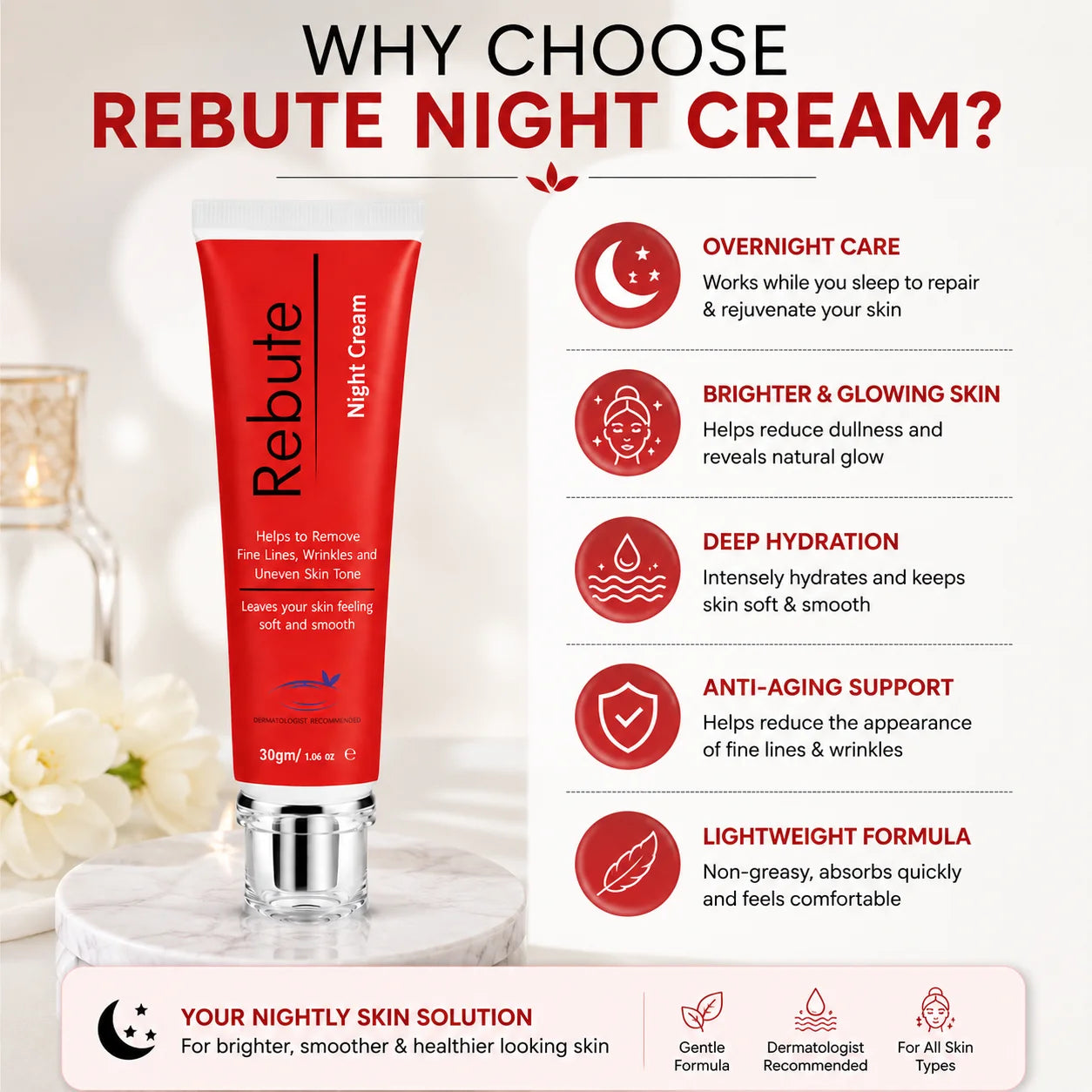 Rebute Night Cream 30g Pakistan | Brightening, Anti Wrinkle & Skin Repair Cream