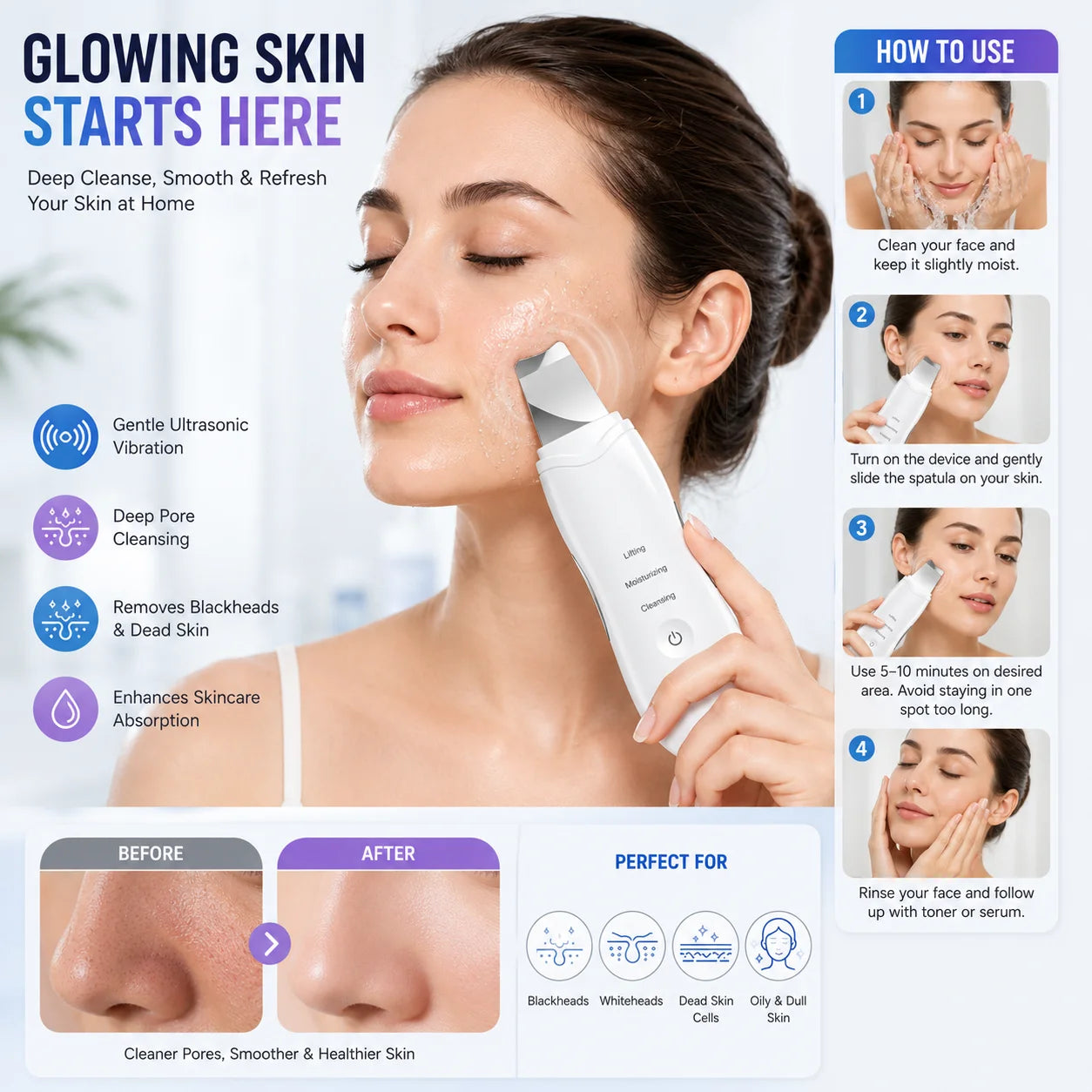Leather Shovel Ultrasonic Facial Skin Scrubber – HandyPeak Blackhead Remover