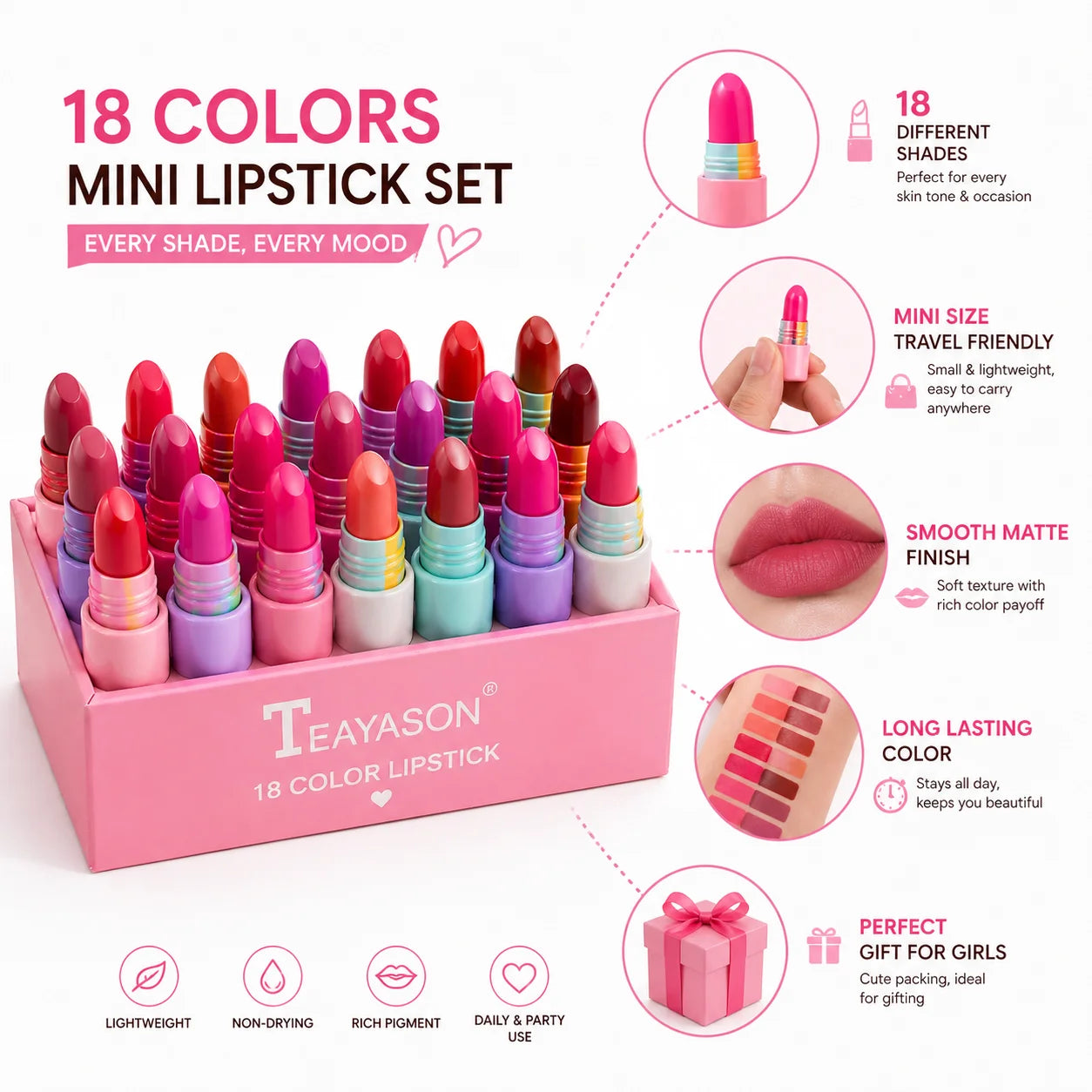 18 Colors Mini Lipstick Set for Girls – Matte Multicolor Lipstick Kit