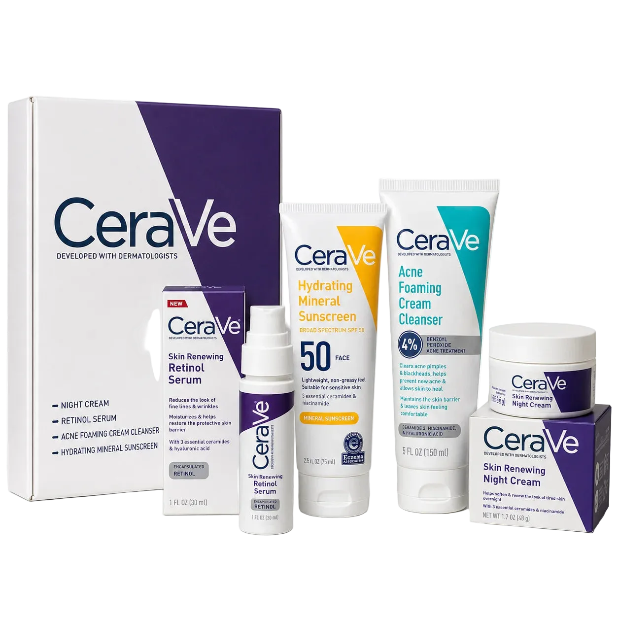 CeraVe Skincare Bundle Pakistan | Original Night Cream, Retinol Serum, SPF 50 & Acne Cleanser