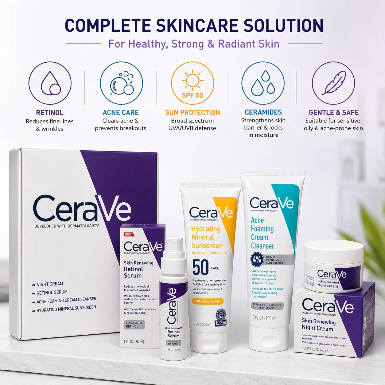 CeraVe Skincare Bundle Pakistan | Original Night Cream, Retinol Serum, SPF 50 & Acne Cleanser