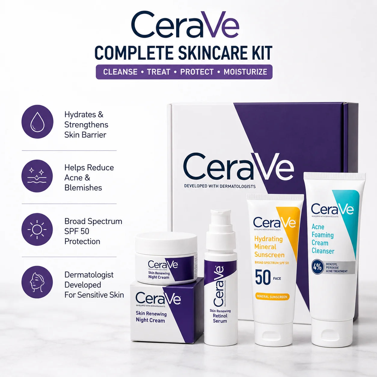 CeraVe Skincare Bundle Pakistan | Original Night Cream, Retinol Serum, SPF 50 & Acne Cleanser