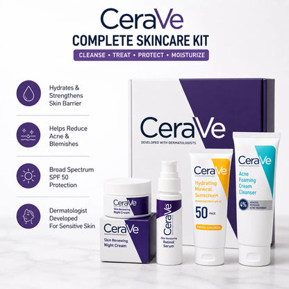 CeraVe Skincare Bundle Pakistan | Original Night Cream, Retinol Serum, SPF 50 & Acne Cleanser