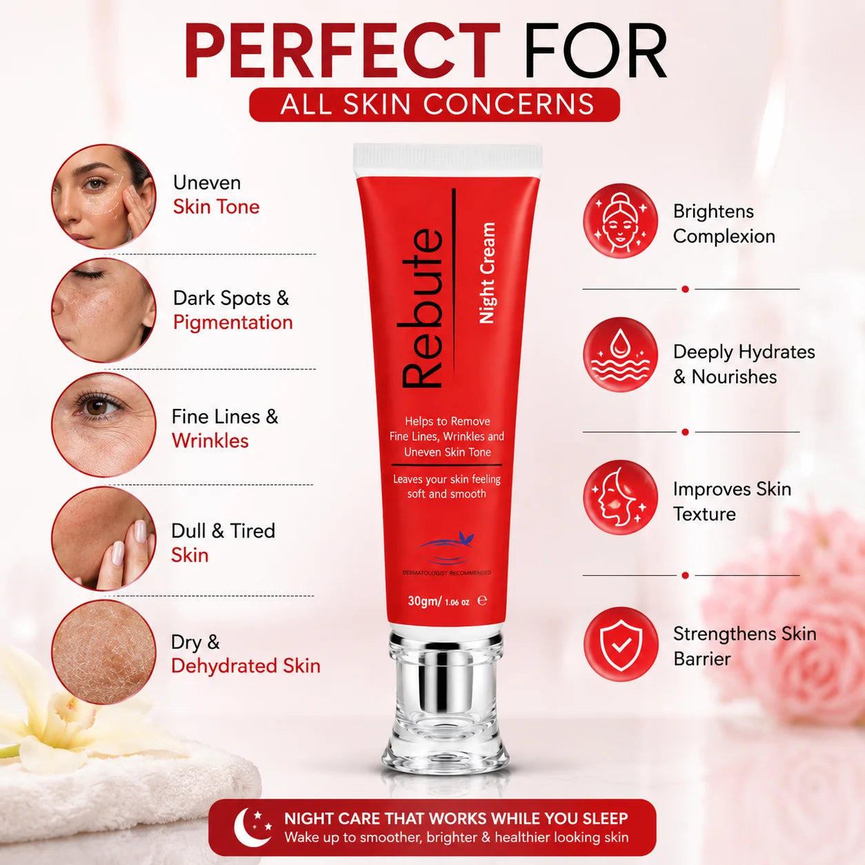 Rebute Night Cream 30g Pakistan | Brightening, Anti Wrinkle & Skin Repair Cream