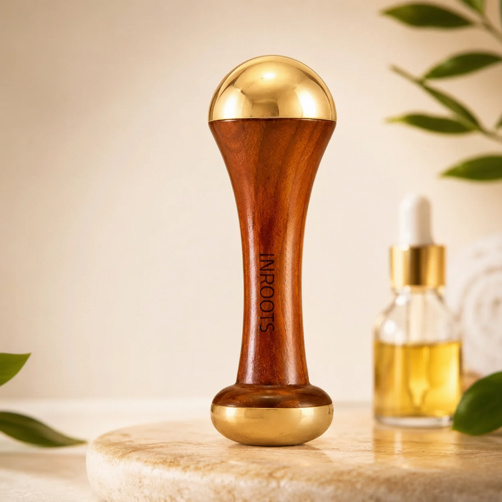Kansa Wand Facial Massager – Ayurvedic Bronze & Wood Face Tool | INROOTS