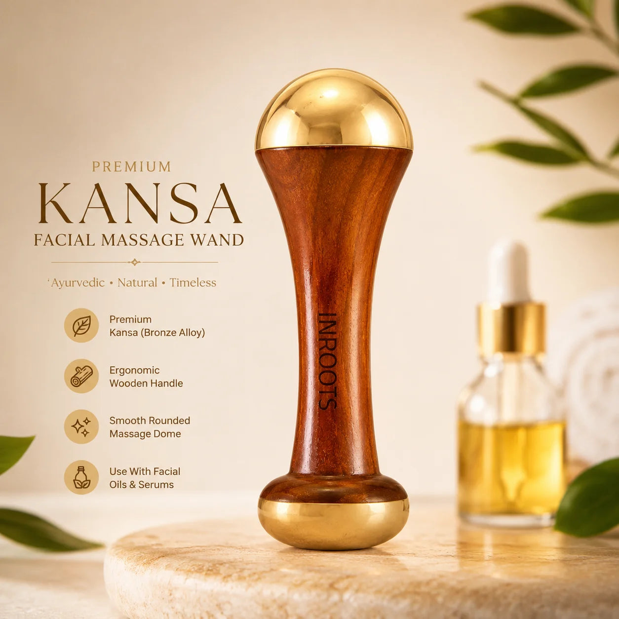 Kansa Wand Facial Massager – Ayurvedic Bronze & Wood Face Tool | INROOTS