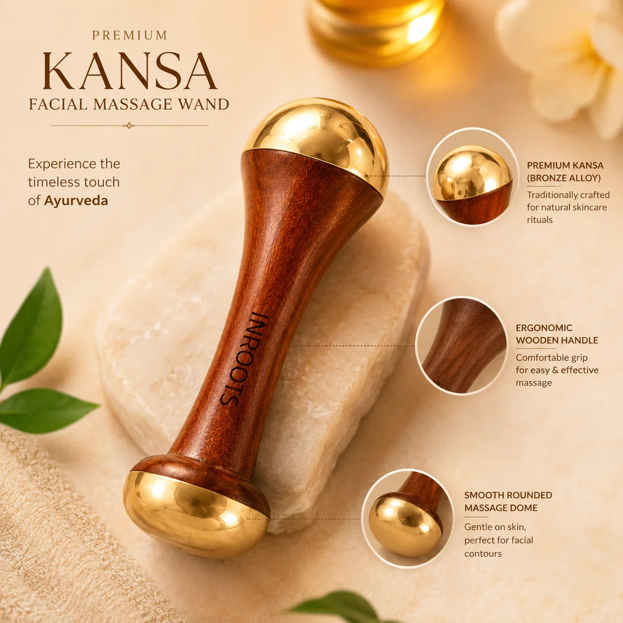 Kansa Wand Facial Massager – Ayurvedic Bronze & Wood Face Tool | INROOTS