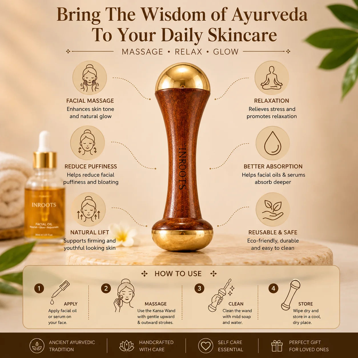 Kansa Wand Facial Massager – Ayurvedic Bronze & Wood Face Tool | INROOTS